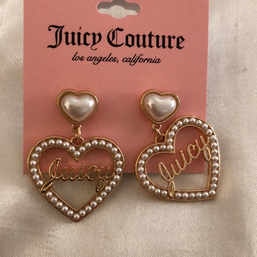 Juicy Couture Gold Tone Faux Pearl & Open Frame Juicy Heart Drop Earrings NWT
